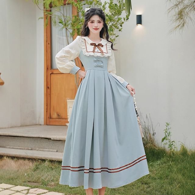 Long Sleeve Collared Bow Striped Ruffle Pleated Mock Two Piece Maxi A-Line Dress / Bow Tie / Belt / Set