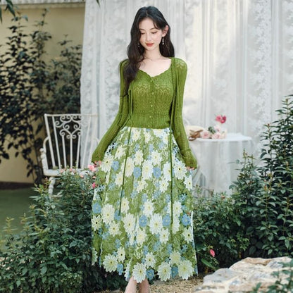 Plain Button Pointelle Knit Cami Top / Tie Front Cardigan / High Rise Floral Lace Maxi A-Line Skirt / Set
