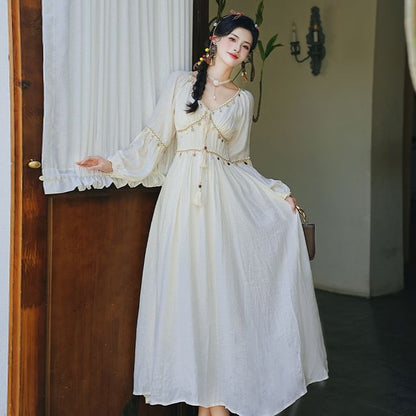 Long Sleeve V-Neck Sequin Panel Midi A-Line Dress