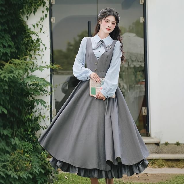 Long Sleeve Collared Mock Two Piece Button Maxi A-Line Dress / Bow Tie / Brooch / Belt / Set