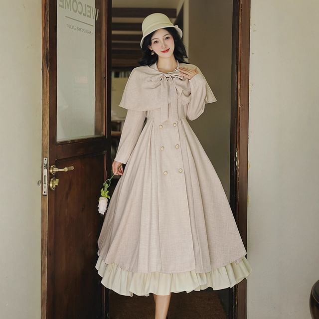 Set: Long Sleeve Collared Ruffle Panel Double Breasted Midi A-Line Dress + Plain Bow Capelet
