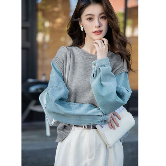 Denim-Paneled Crewneck Pullover Sweater with Faux Two-Piece Look