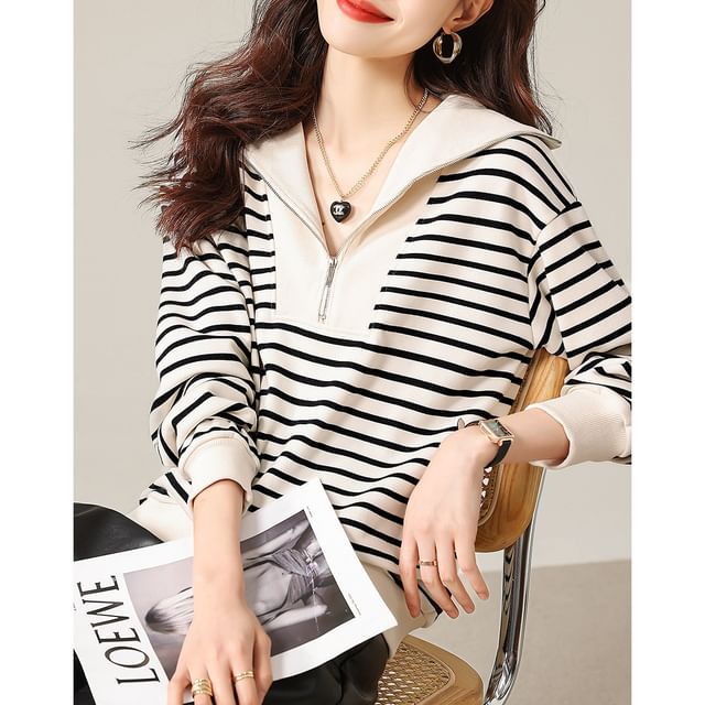 Striped Half-Zip Sweatshirt with Collared Neckline