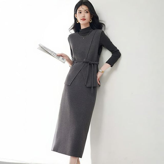 Three-Piece Set: Mock-Neck Melange Tee, Sashed Vest and High-Waist Midi Pencil Skirt