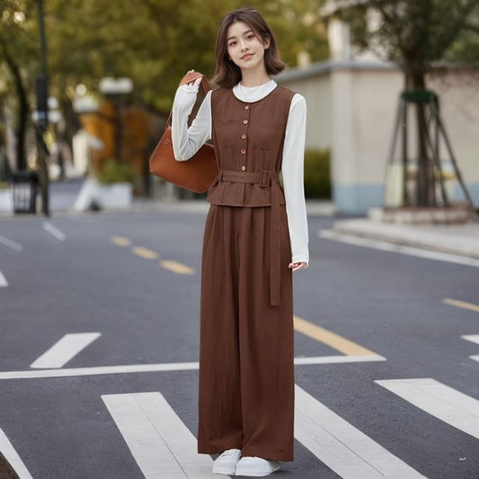 Set: Round-Neck Slim Tee, Buttoned Belted Vest and High-Rise Wide-Leg Trousers