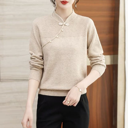 Ribbed Knit Top with Mandarin Collar and Frog Button Long Sleeves