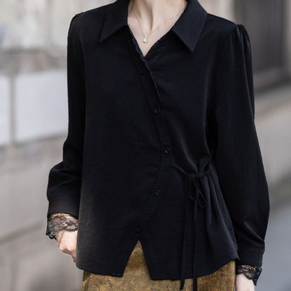 Asymmetrical Blouse with Lace Trim and Long Sleeves