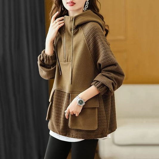 Half-Zip Hooded Sweatshirt with Paneled Design and Drawstring