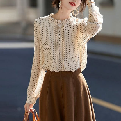Frill-Trimmed Blouse with Dotted Pattern and Long Sleeves