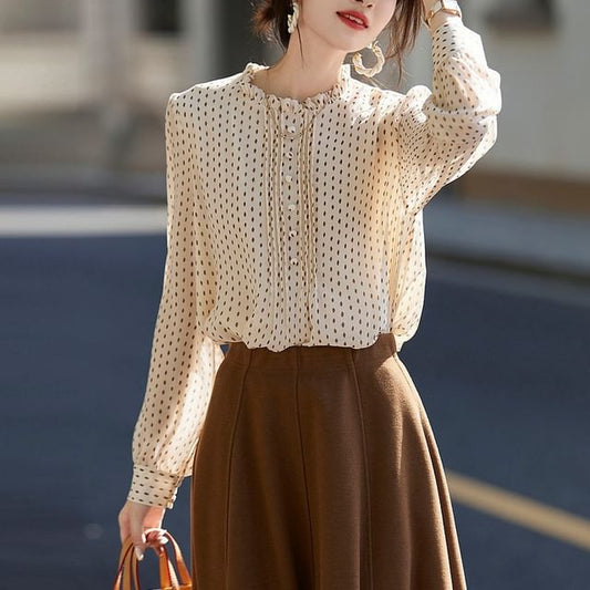 Frill-Trimmed Blouse with Dotted Pattern and Long Sleeves