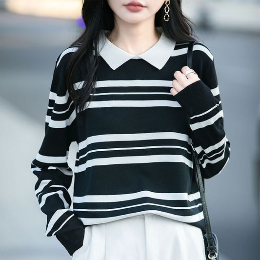 Striped Knit Top with Collar and Long Sleeves