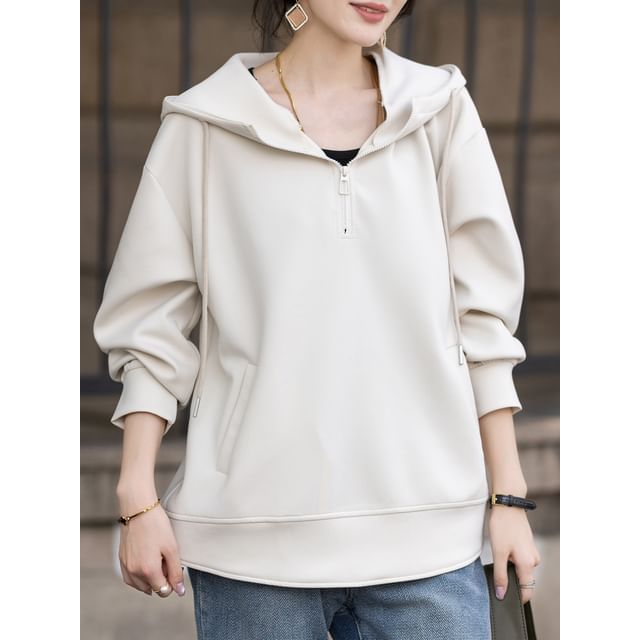 Drawstring Half-Zip Hooded Sweatshirt in Solid Color