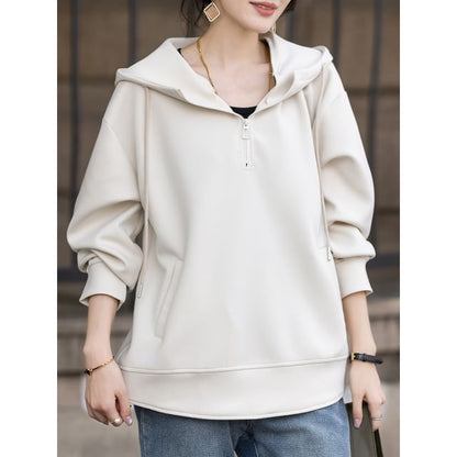 Drawstring Half-Zip Hooded Sweatshirt in Solid Color