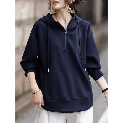 Drawstring Half-Zip Hooded Sweatshirt in Solid Color