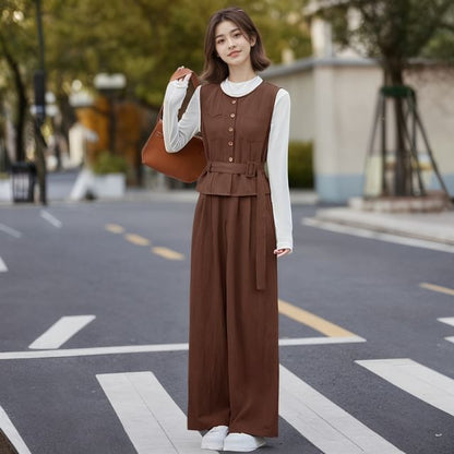 Set: Round-Neck Slim Tee, Buttoned Belted Vest and High-Rise Wide-Leg Trousers