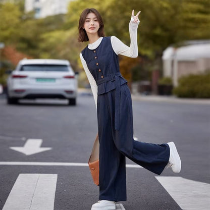 Set: Round-Neck Slim Tee, Buttoned Belted Vest and High-Rise Wide-Leg Trousers