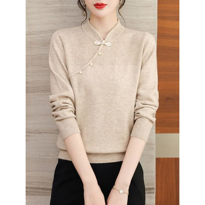 Ribbed Knit Top with Mandarin Collar and Frog Button Long Sleeves
