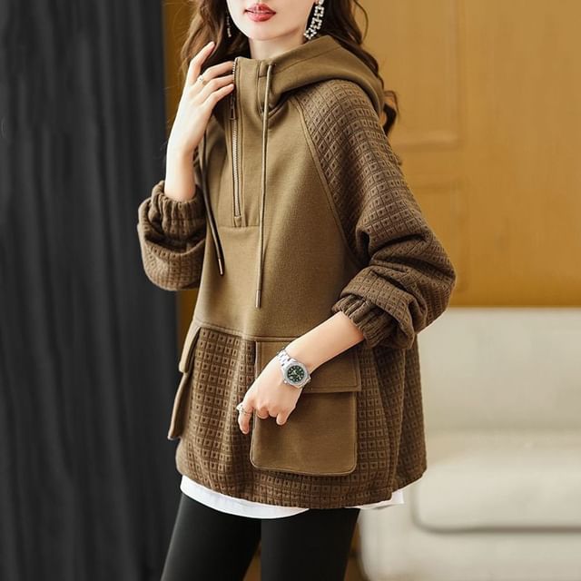 Half-Zip Hooded Sweatshirt with Paneled Design and Drawstring