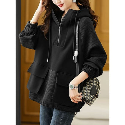Half-Zip Hooded Sweatshirt with Paneled Design and Drawstring