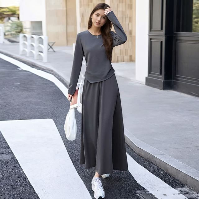 Set: Asymmetrical Crew-Neck Knit Top and Elastic-Waist Midi A-Line Skirt