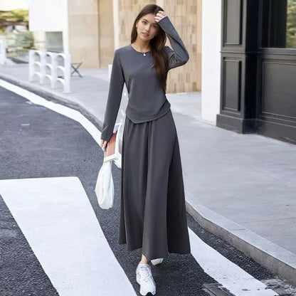 Set: Asymmetrical Crew-Neck Knit Top and Elastic-Waist Midi A-Line Skirt