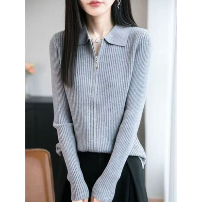 Ribbed Zip Knit Top with Collar and Long Sleeves