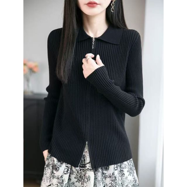 Ribbed Zip Knit Top with Collar and Long Sleeves