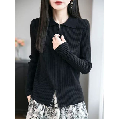 Ribbed Zip Knit Top with Collar and Long Sleeves