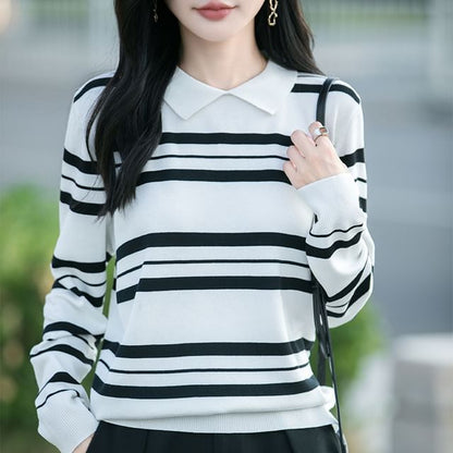 Striped Knit Top with Collar and Long Sleeves