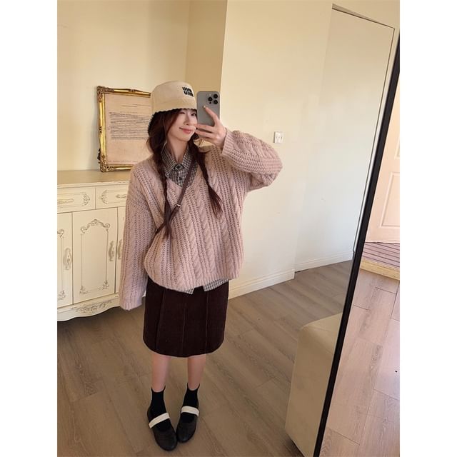 Plaid Shirt & Cable-Knit V-Neck Sweater & High Waist H-Line Skirt Set