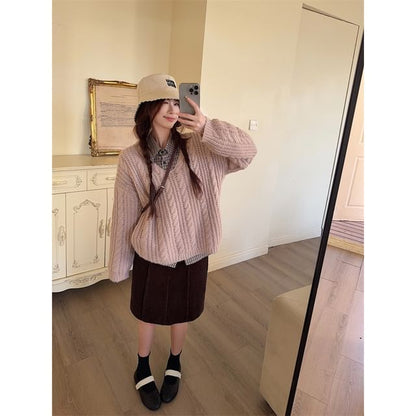 Plaid Shirt & Cable-Knit V-Neck Sweater & High Waist H-Line Skirt Set