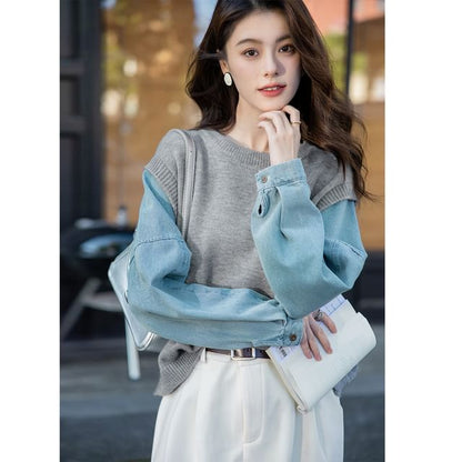 Denim-Paneled Crewneck Pullover Sweater with Faux Two-Piece Look