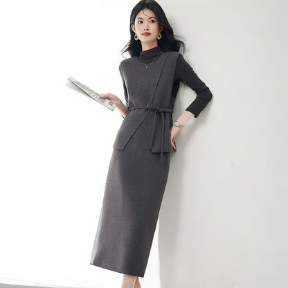 Three-Piece Set: Mock-Neck Melange Tee, Sashed Vest and High-Waist Midi Pencil Skirt