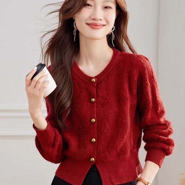 Round Neck Plain Cropped Cardigan