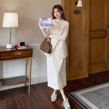 Vest & Slim Tee & High Waist Midi H-Line Skirt Three-Piece Set