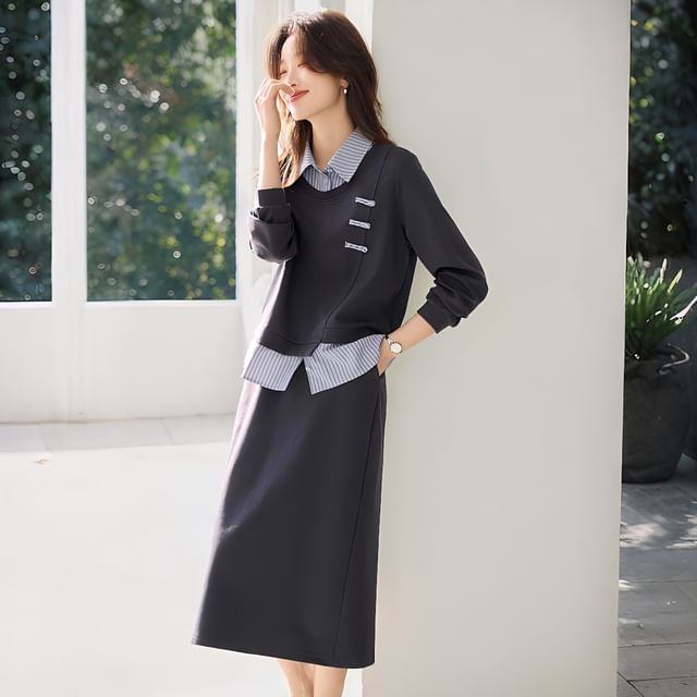 Set: Faux Two-Piece Striped Panel Sweatshirt and High-Rise Slit Midi Skirt