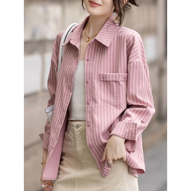 Striped Long-Sleeve Shirt with Pocket Detailing