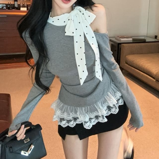 Dotted Panel Tee with Off-Shoulder Neckline and Lace Trim Sleeves