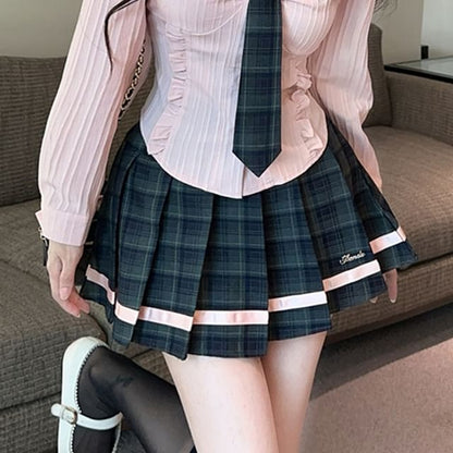 Collared Tie Neck Button Shirt & High Waist Pleated Plaid Mini Skirt Set