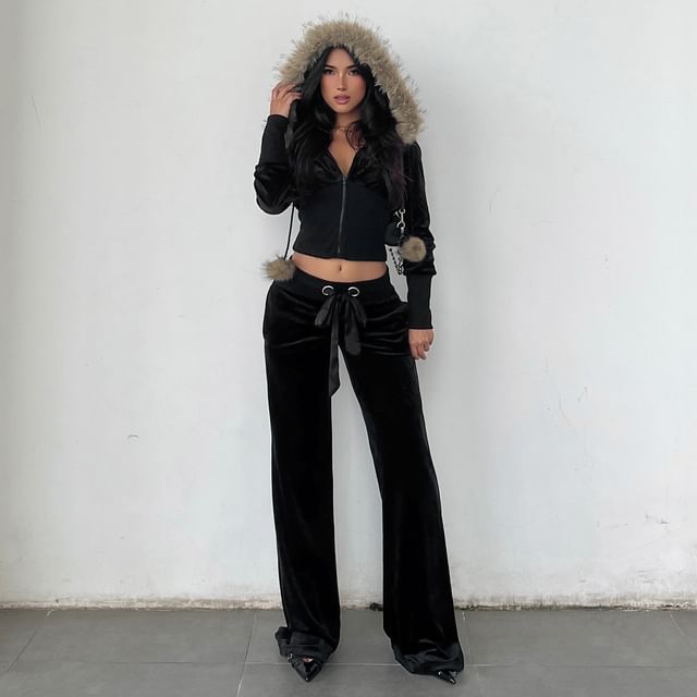 Long Sleeve Faux Fur Trim Velvet Hooded Jacket / Low Waist Straight-Fit Boot-Cut Pants
