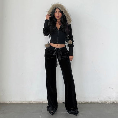 Long Sleeve Faux Fur Trim Velvet Hooded Jacket / Low Waist Straight-Fit Boot-Cut Pants