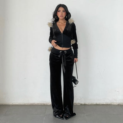 Long Sleeve Faux Fur Trim Velvet Hooded Jacket / Low Waist Straight-Fit Boot-Cut Pants