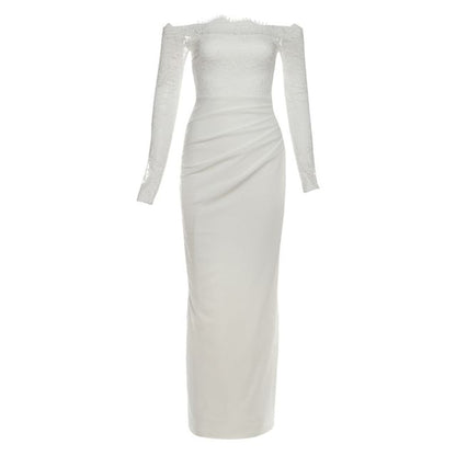 Long Sleeve Off Shoulder Lace Panel Plain Maxi Bodycon Dress