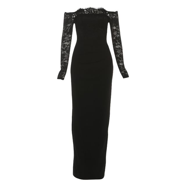 Long Sleeve Off Shoulder Lace Panel Plain Maxi Bodycon Dress