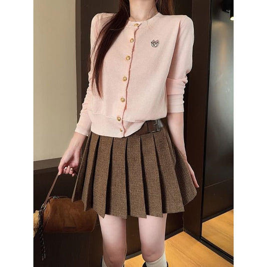 High Waist Plaid Mini Pleated Skirt / Round Neck Plain Button Up Cardigan / Collared Plain Zip Barn Jacket