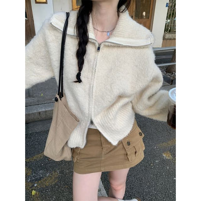 Stand Collar Plain Zip Cardigan