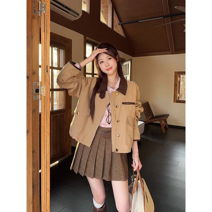 High Waist Plaid Mini Pleated Skirt / Round Neck Plain Button Up Cardigan / Collared Plain Zip Barn Jacket