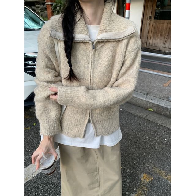 Stand Collar Plain Zip Cardigan