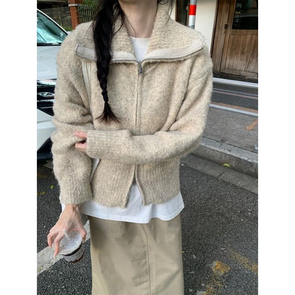 Stand Collar Plain Zip Cardigan