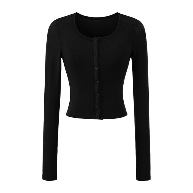 Crew Neck Button-Up Plain Crop Cardigan